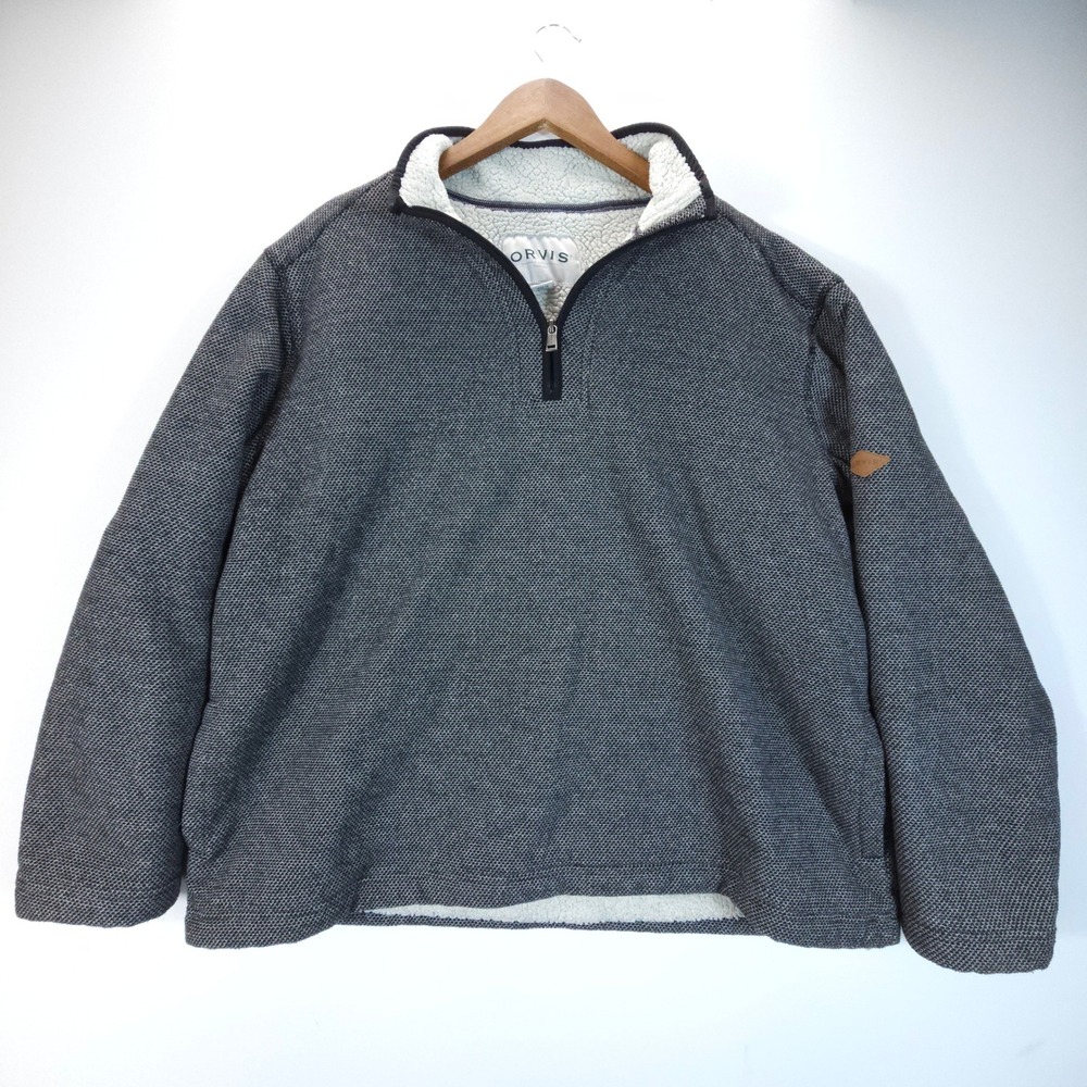 Orvis Pullover Mens XXL Gray Streetwear Sherpa Lined Quarter Zip Fleece Sweater